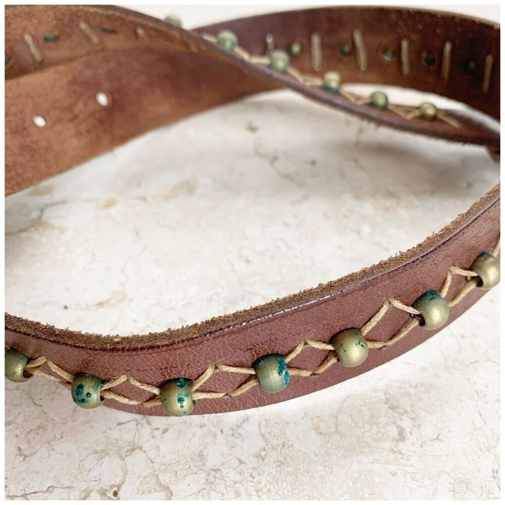 Brown Sturdy Harness Leather Belt Womens Size M Embroidered Beaded Boho - Picture 3 of 8